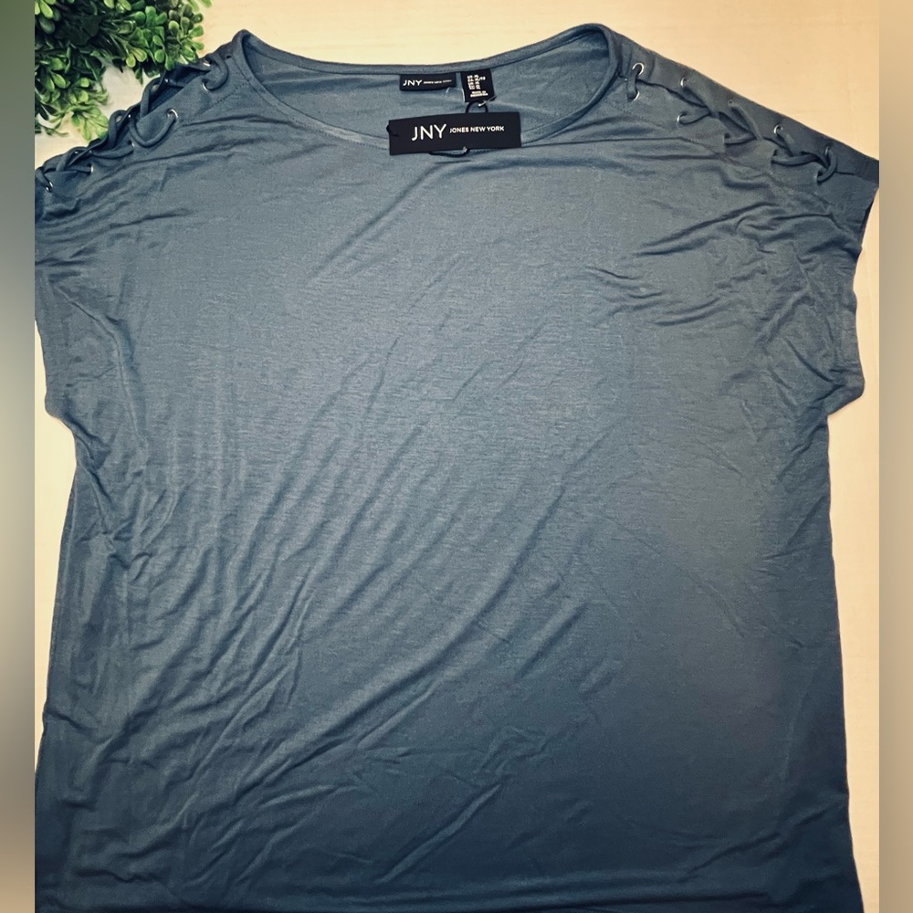 JNY  Jones New York - Slate Blue Women’s Top - Laced Shoulder Sz XL